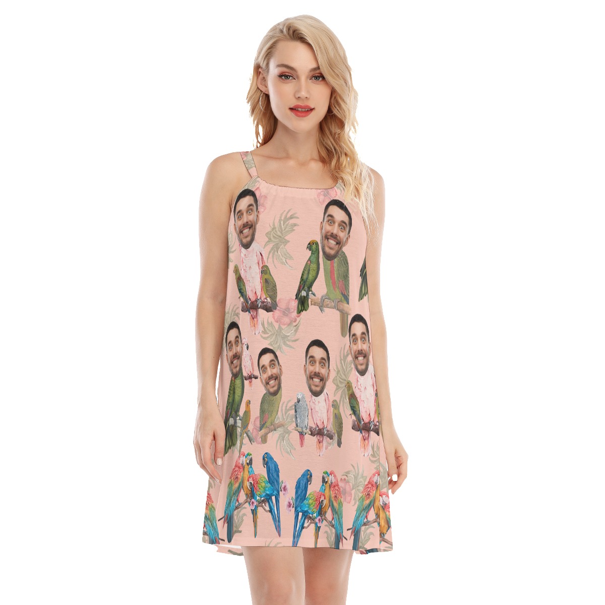 Funny Custom Face With Tropical Parrots Pink Aloha Dress For Summer - variant image 1