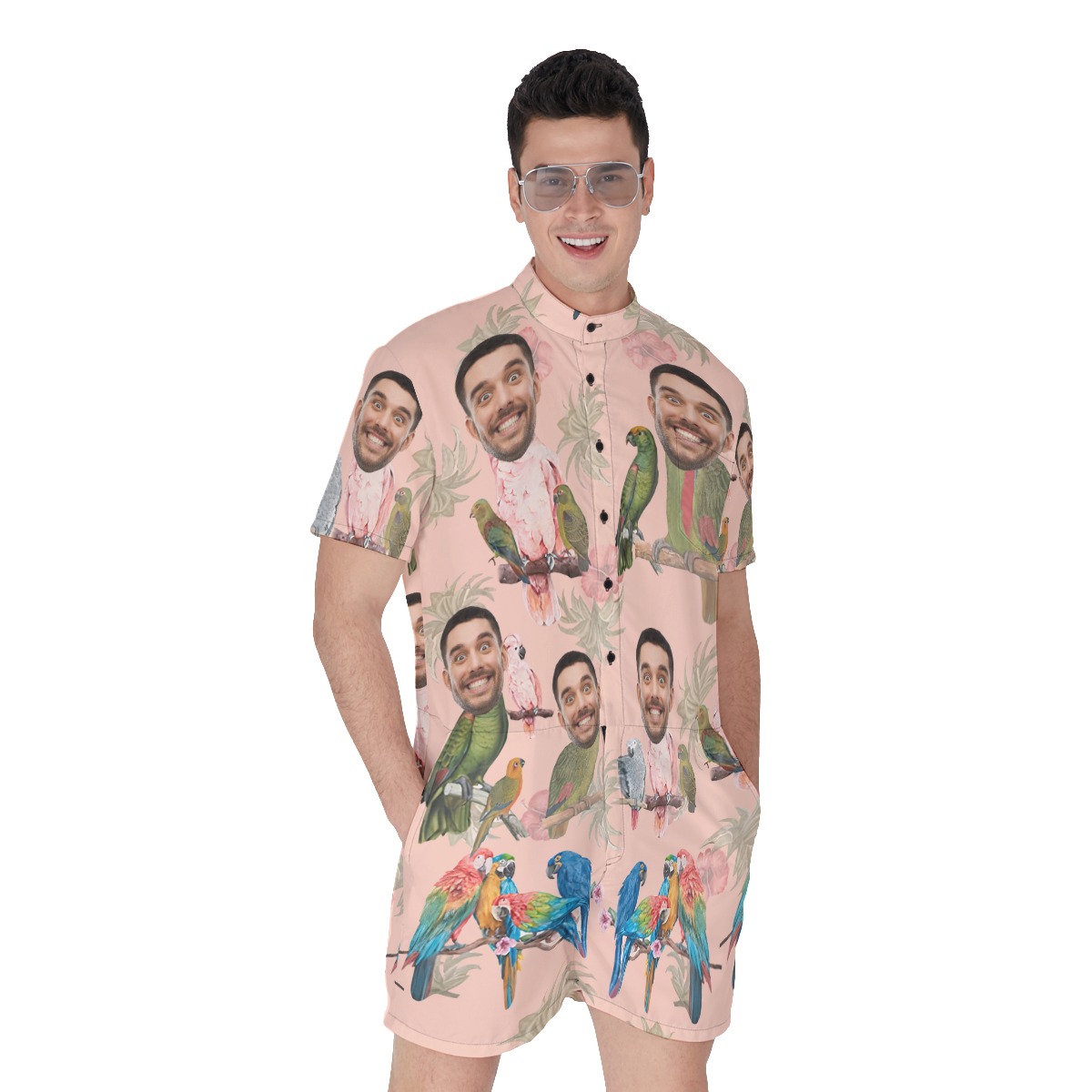 Funny Custom Face Tropical Parrots Men's Hawaiian Romper - variant image 1