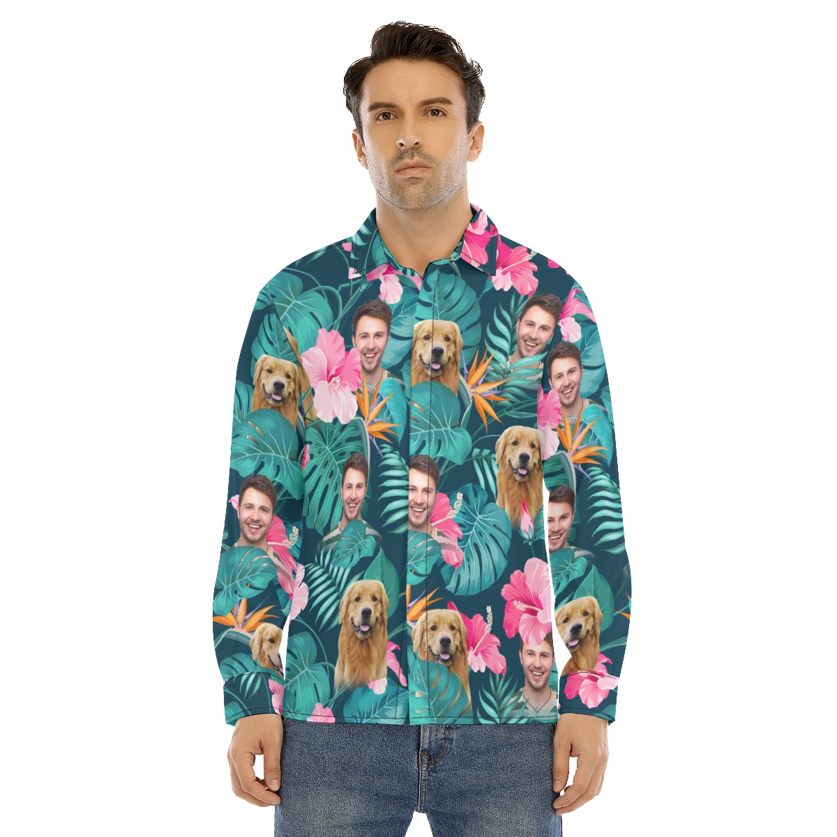 Men's Floral Custom Face Long Sleeve Hawaiian Shirt - variant image 1