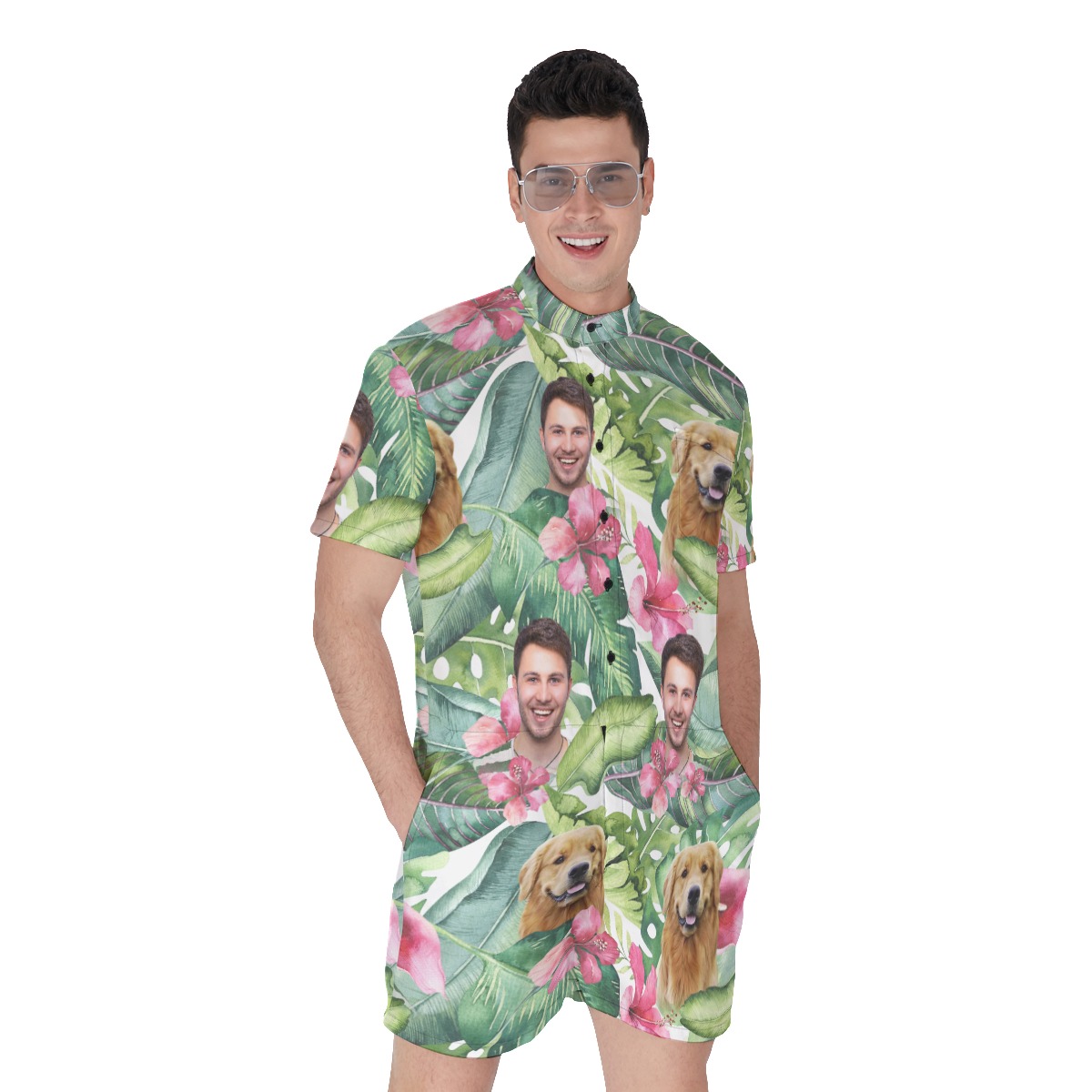 Floral Custom Face Hawaiian Romper For Men - variant image 1