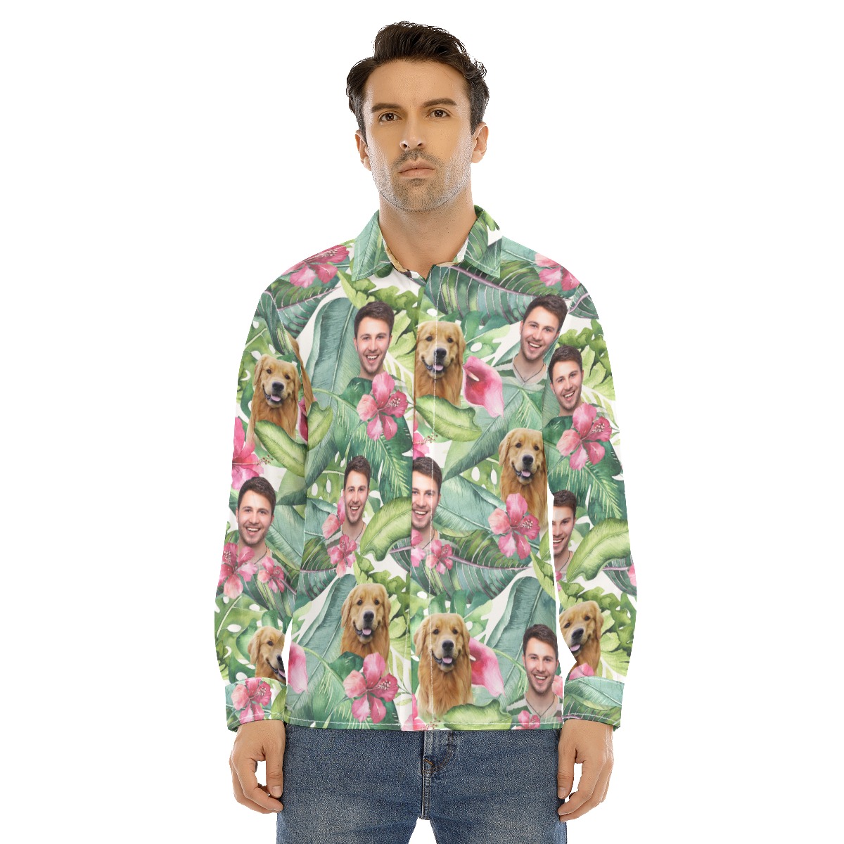 Men's Custom Face Floral Man Long Sleeve Hawaiian Shirt - variant image 1