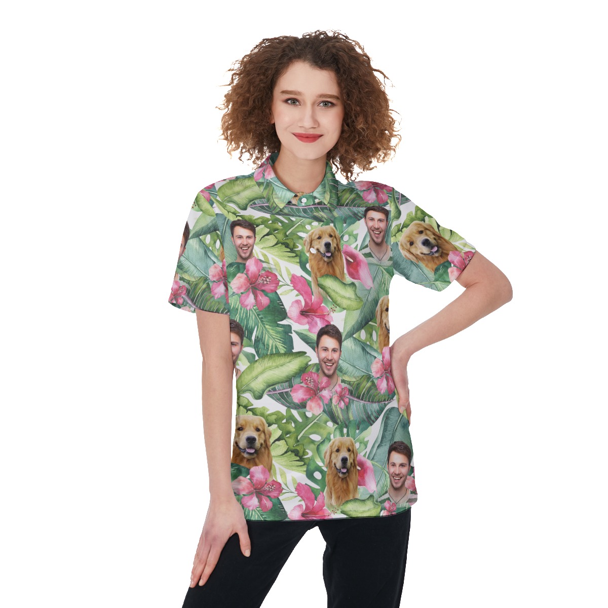 Women's Custom Face Floral Hawaiian Polo Shirt - variant image 1