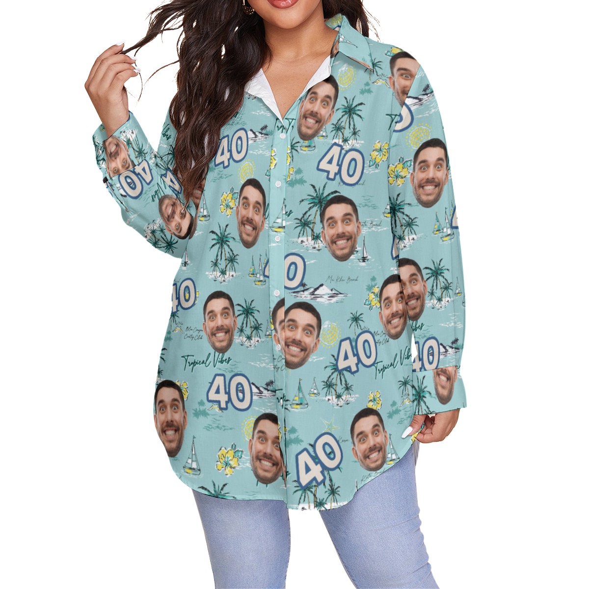 Custom Face Birthday Tropical Blue Hawaiian Oversized Shirt - variant image 1