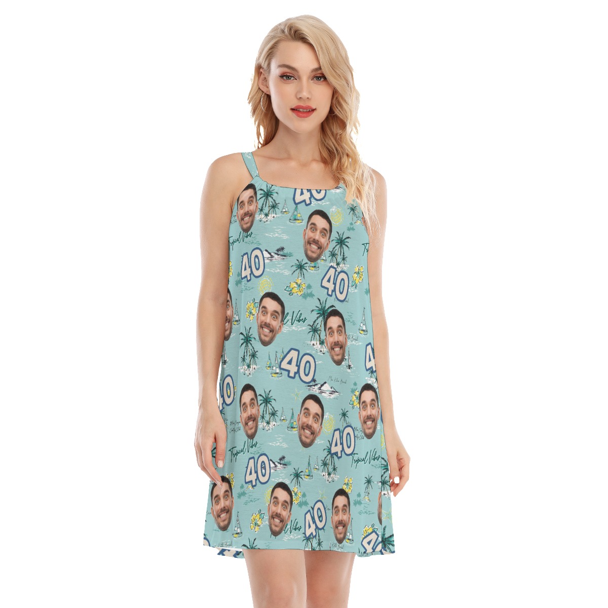 Funny Custom Face Birthday Tropical Blue Hawaiian Dress - variant image 1