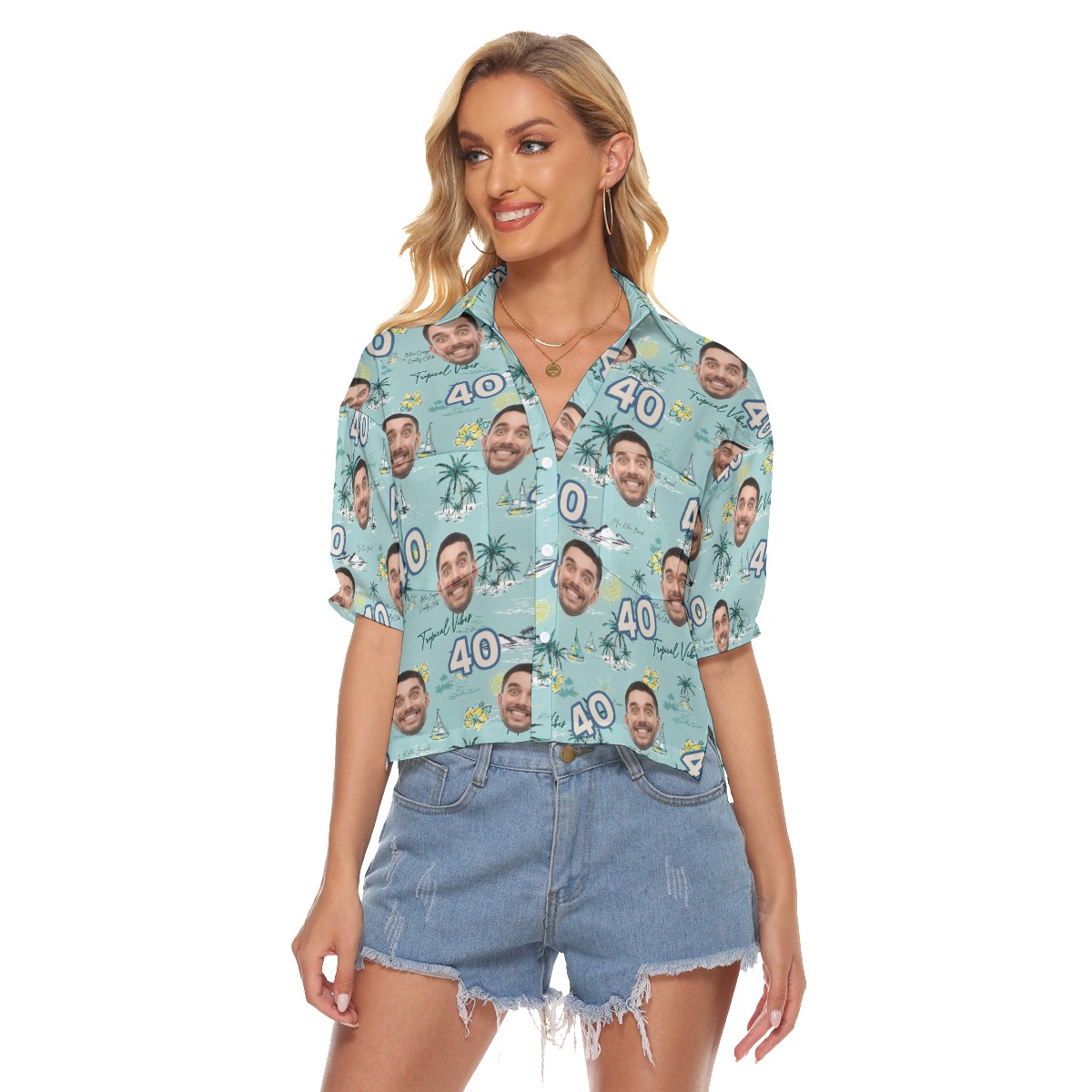 Funny Custom Face Birthday Tropical Blue Hawaiian Crop Top Shirt - variant image 1