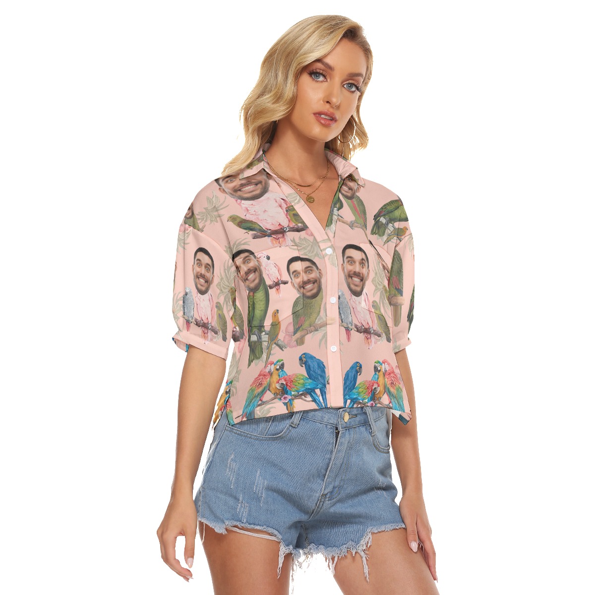Tropical Parrots Custom Face Pink Hawaiian Crop Top Shirt