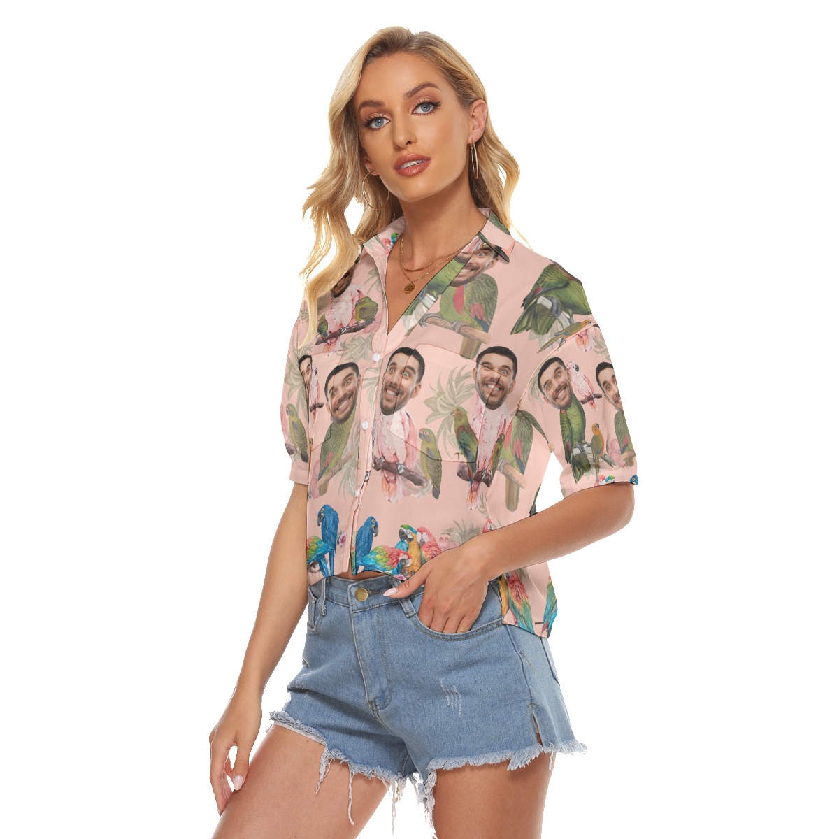 Tropical Parrots Custom Face Pink Hawaiian Crop Top Shirt