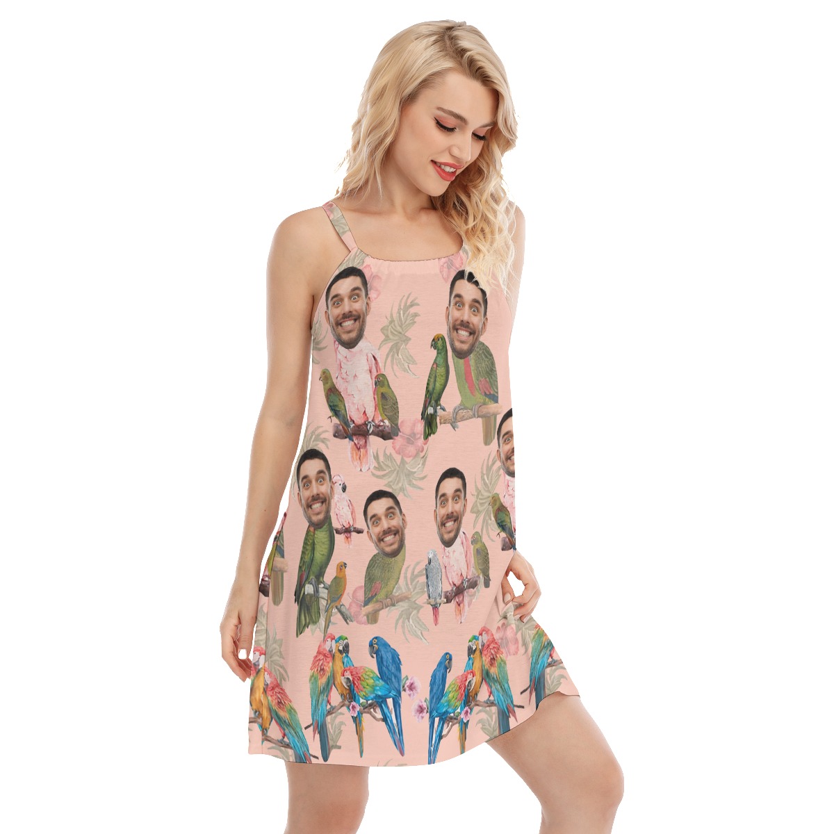 Funny Custom Face With Tropical Parrots Pink Aloha Dress For Summer