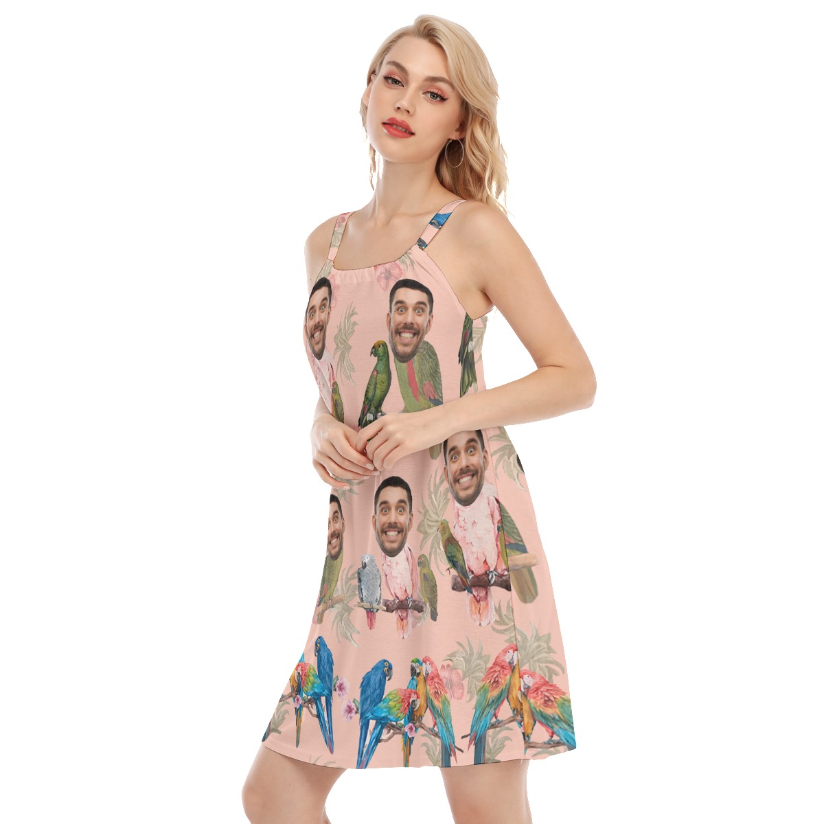Funny Custom Face With Tropical Parrots Pink Aloha Dress For Summer