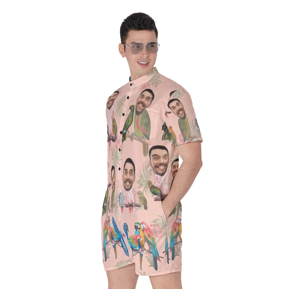 Funny Custom Face Tropical Parrots Men's Hawaiian Romper