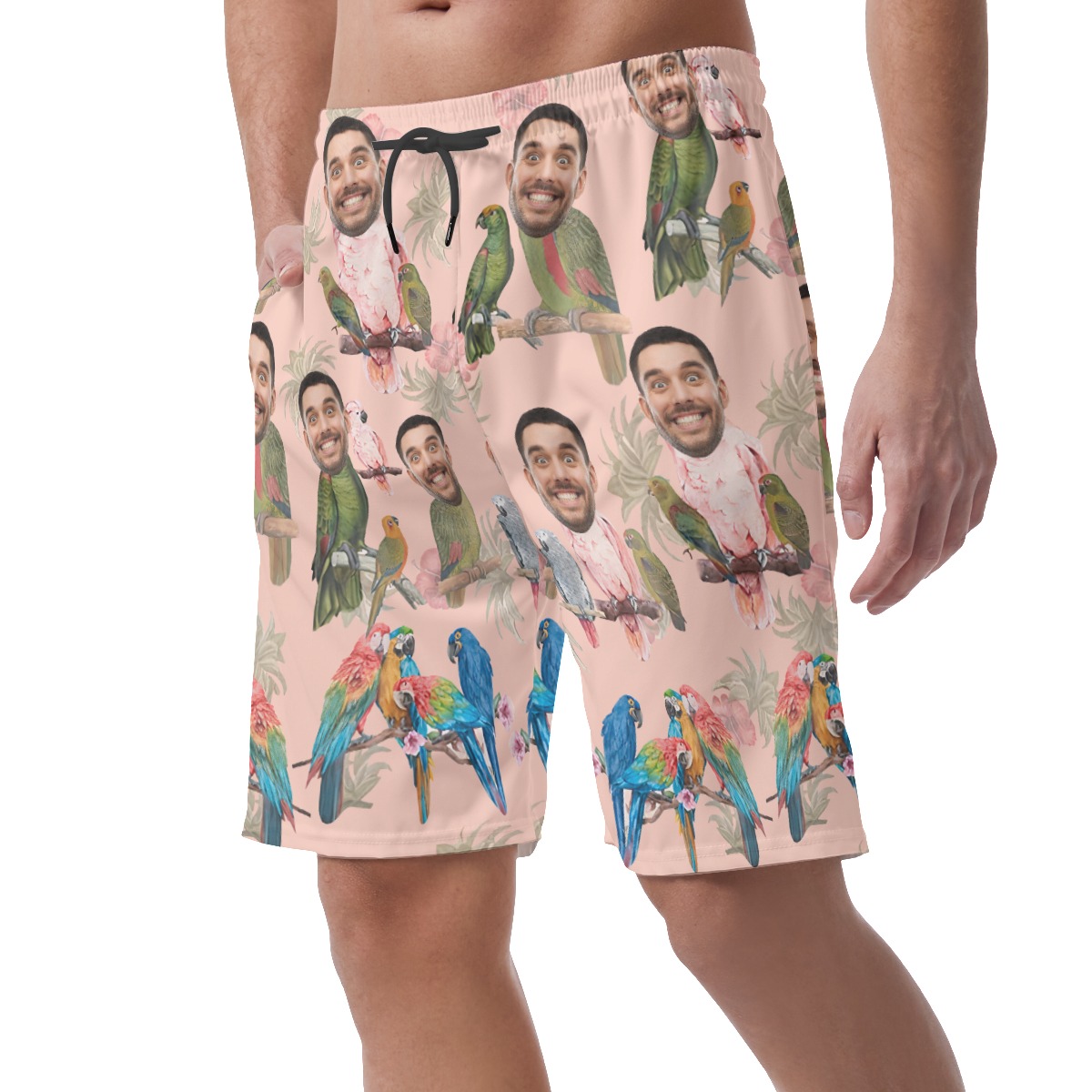 Funny Tropical Parrot Custom Face Hawaiian Beach Shorts For Men