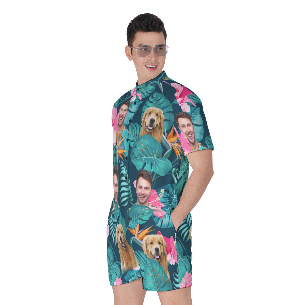Custom Face Floral Hawaiian Romper For Men