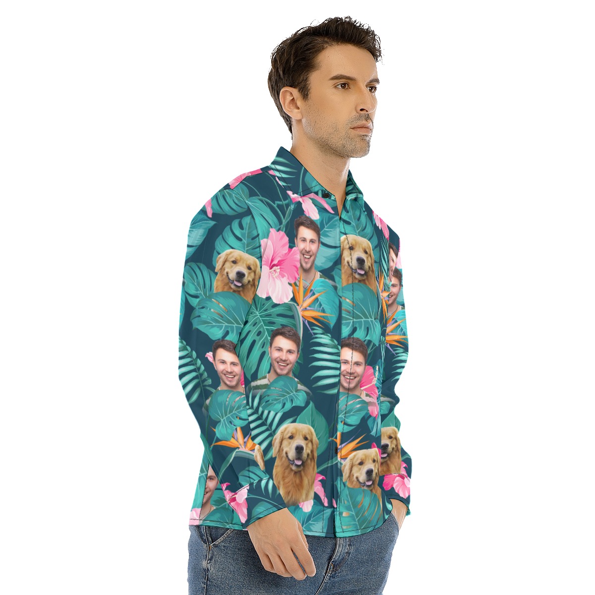 Men's Floral Custom Face Long Sleeve Hawaiian Shirt