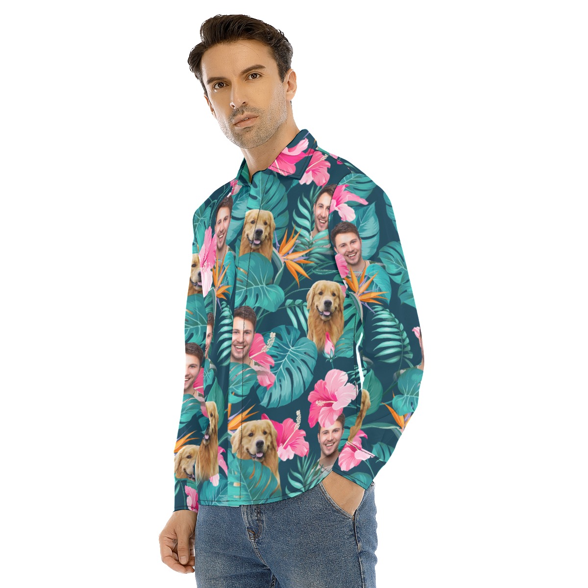Men's Floral Custom Face Long Sleeve Hawaiian Shirt