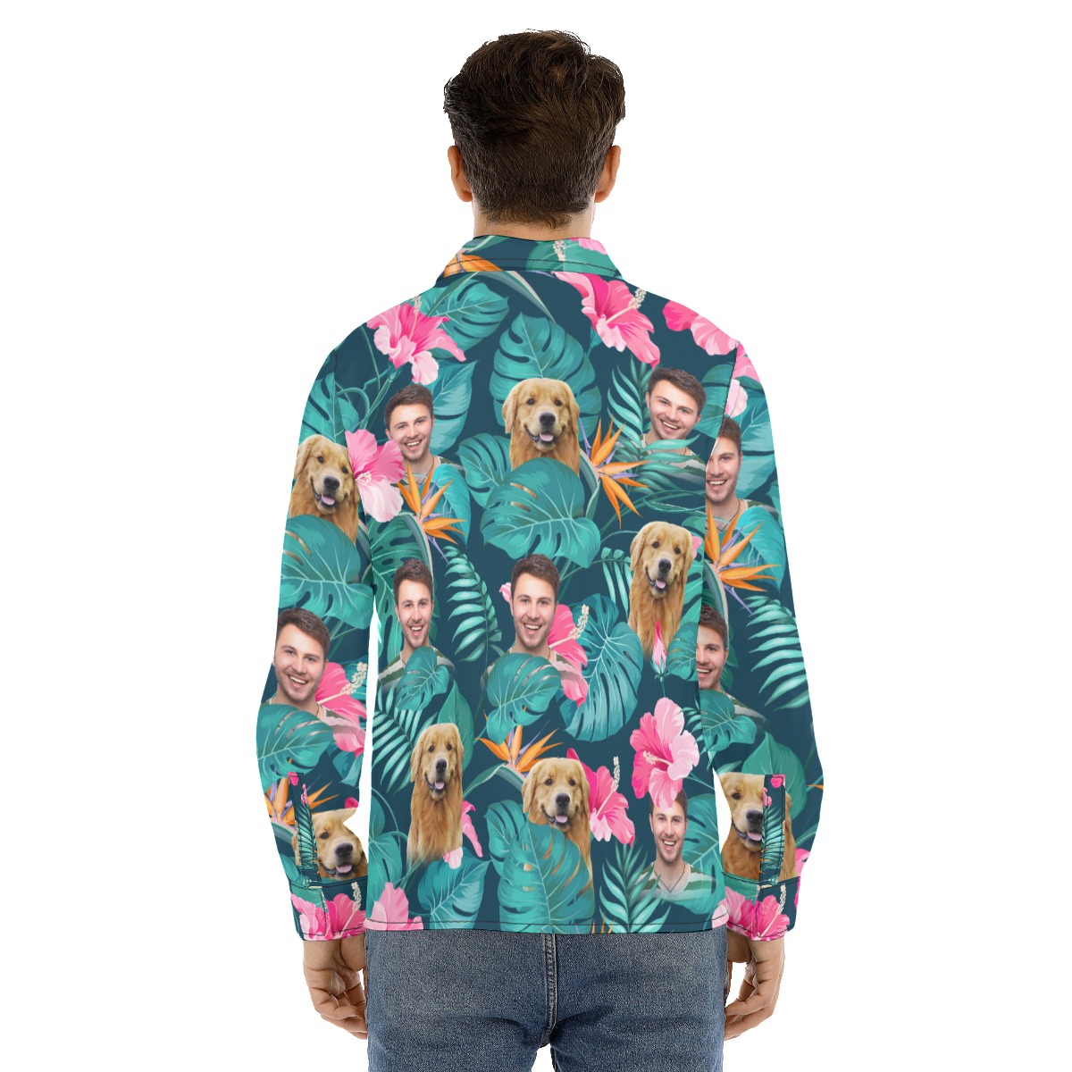 Men's Floral Custom Face Long Sleeve Hawaiian Shirt