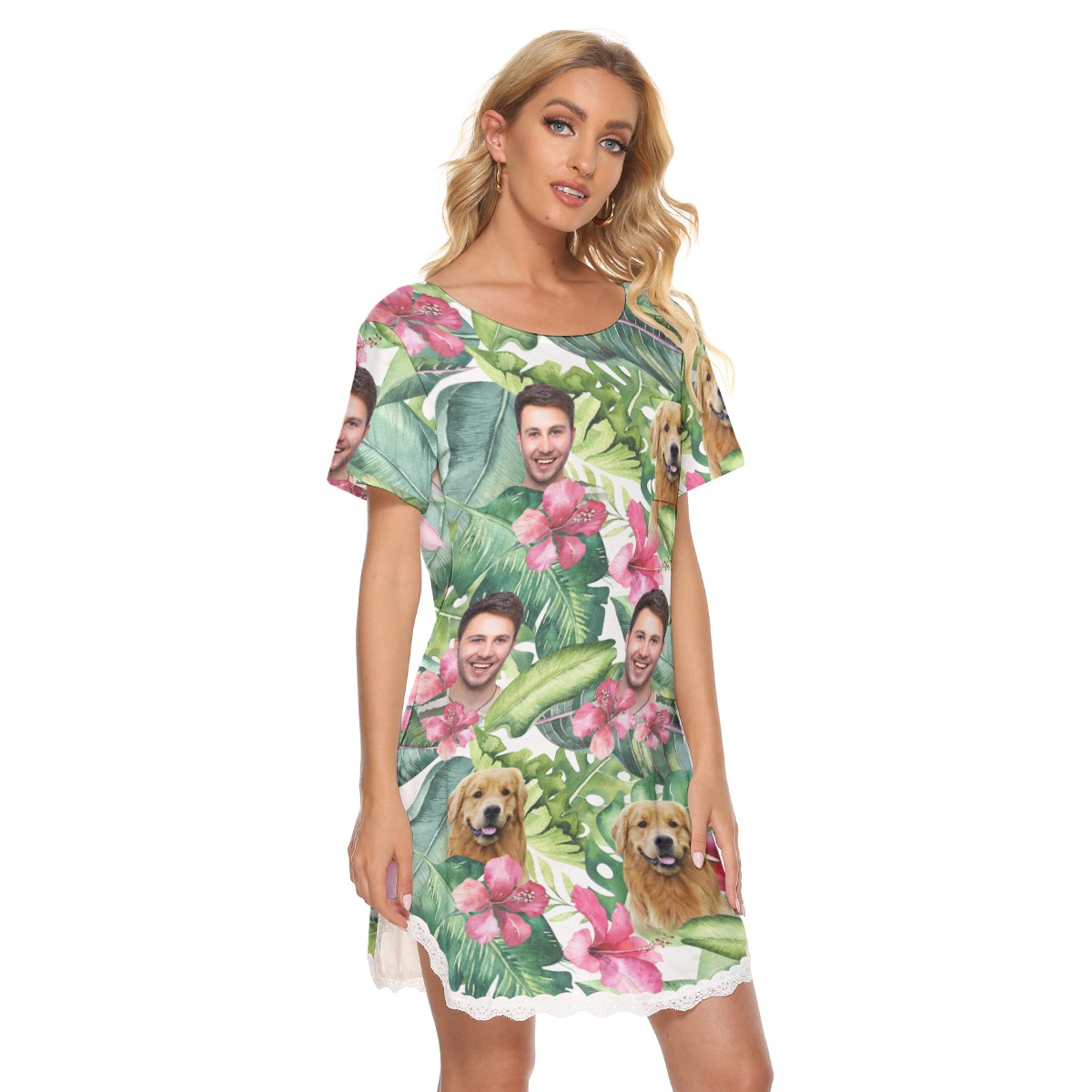 Custom Face Floral Hawaiian Lace Dress For Women