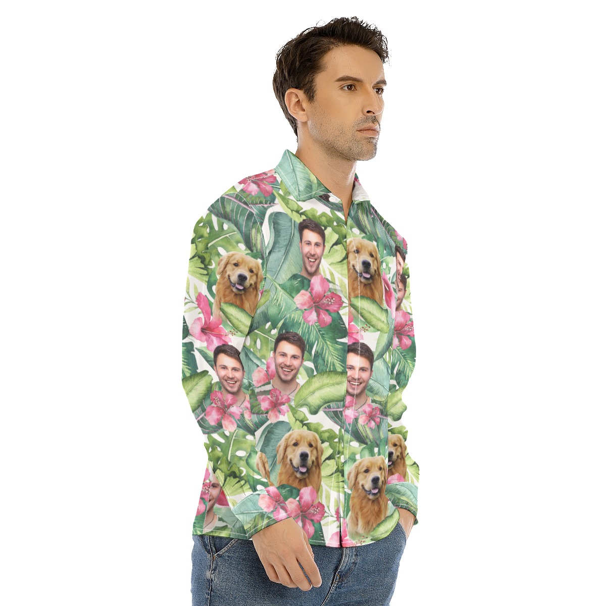 Men's Custom Face Floral Man Long Sleeve Hawaiian Shirt