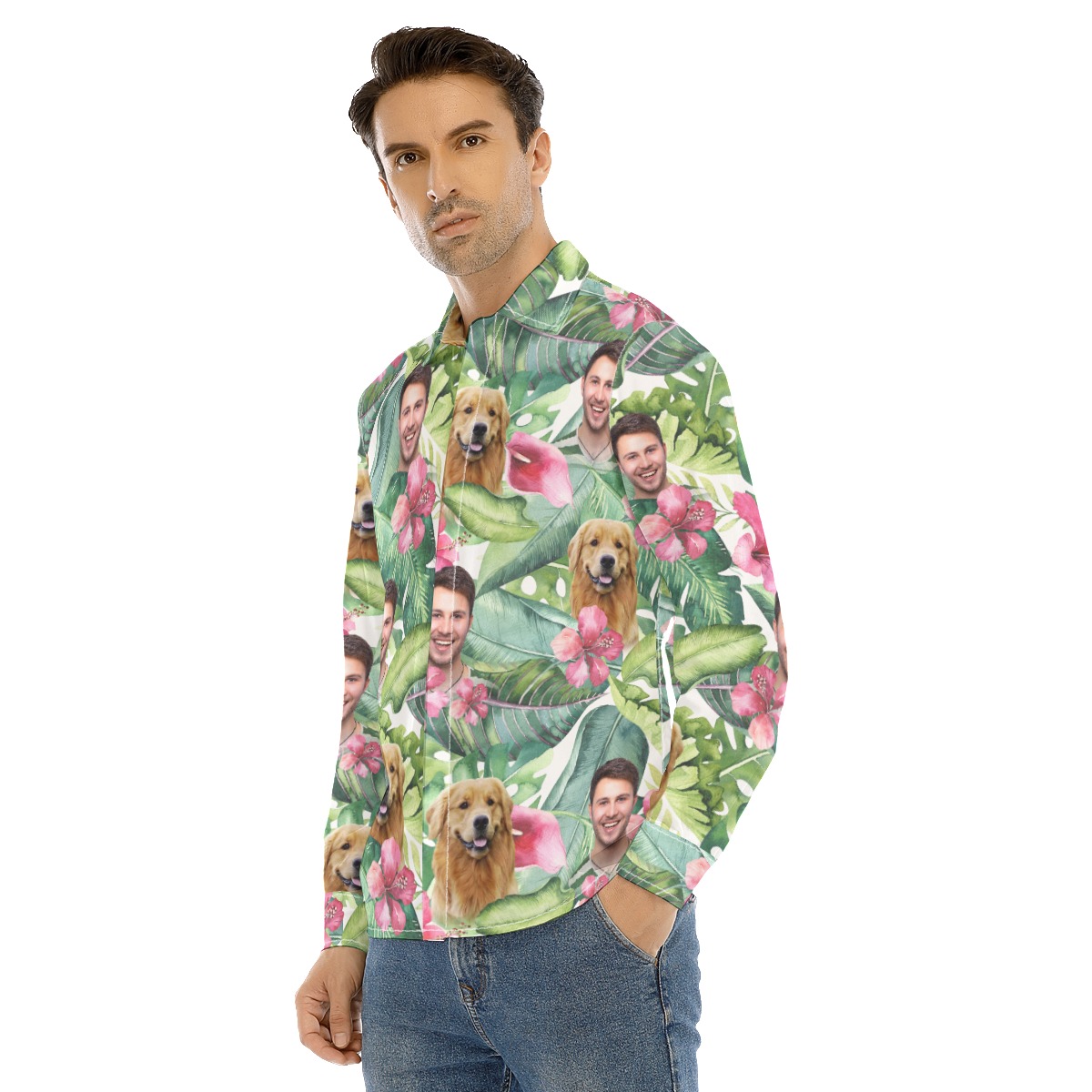 Men's Custom Face Floral Man Long Sleeve Hawaiian Shirt