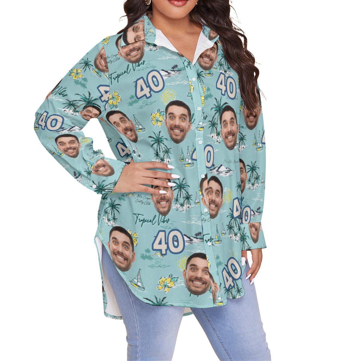 Custom Face Birthday Tropical Blue Hawaiian Oversized Shirt