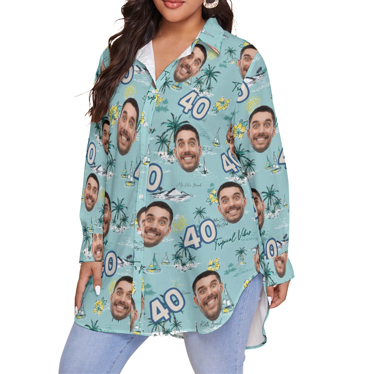 Custom Face Birthday Tropical Blue Hawaiian Oversized Shirt