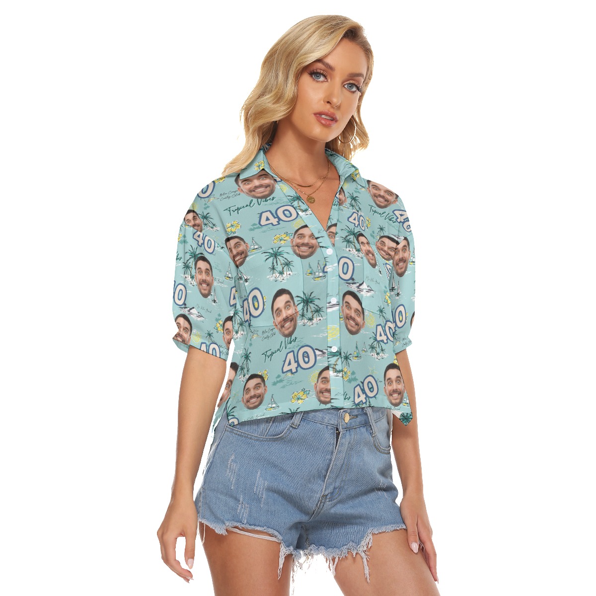 Funny Custom Face Birthday Tropical Blue Hawaiian Crop Top Shirt