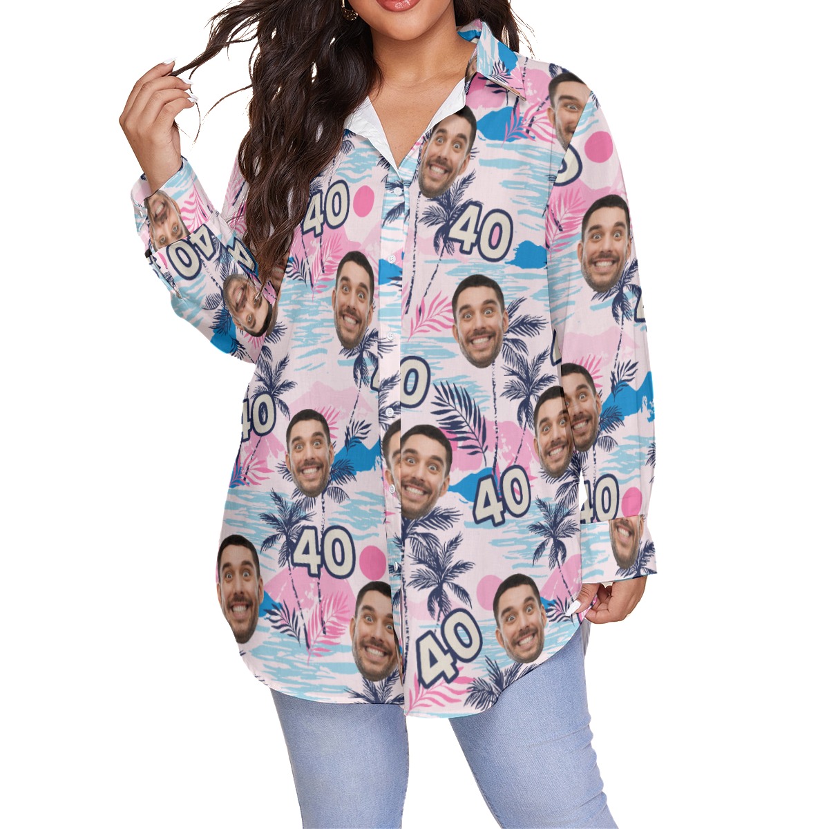 Custom Face Birthday Tropical Pink Hawaiian Plus Size Shirts For Women - variant image 1