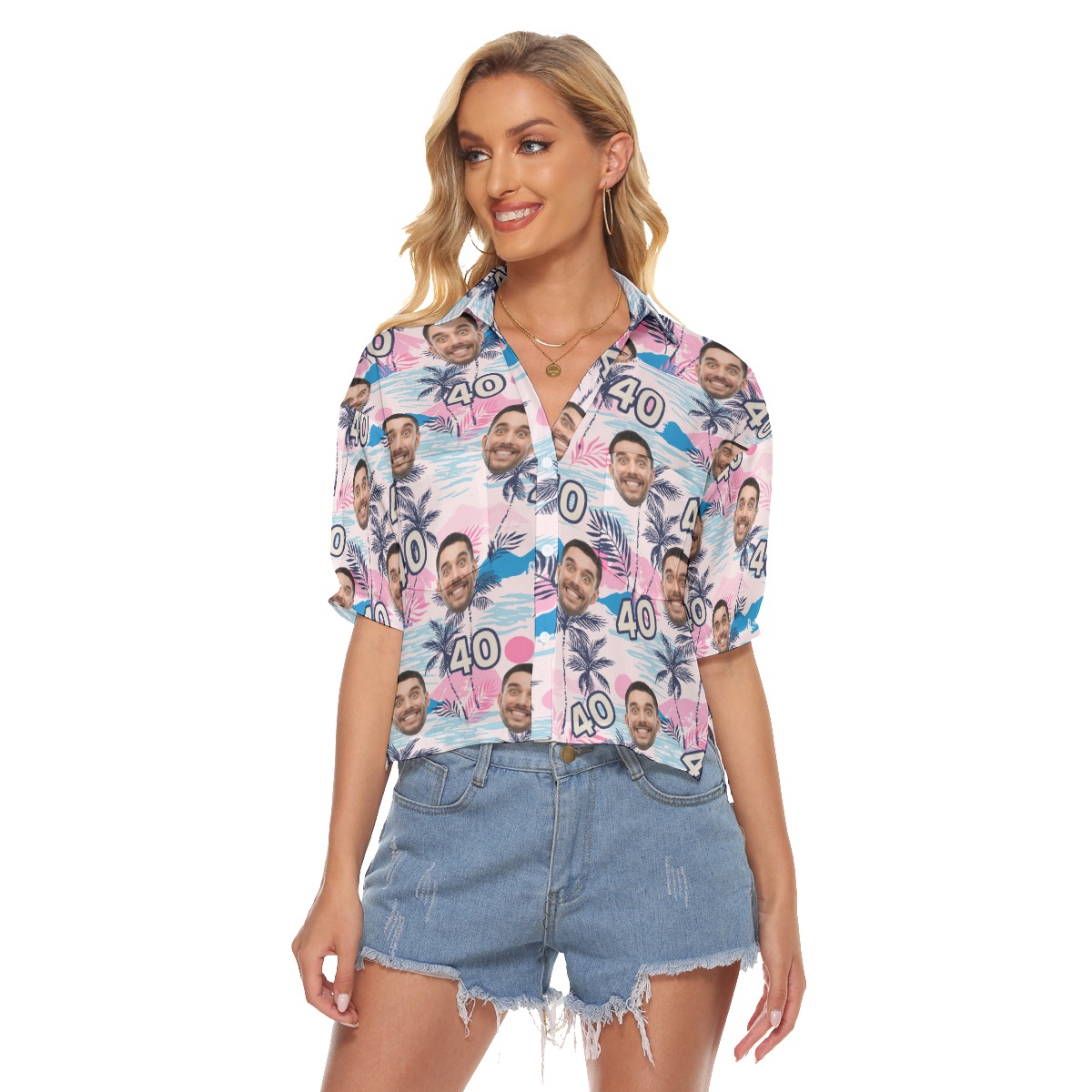 Funny Customized Birthday Tropical Aloha Crop Top Shirt With Face - variant image 1