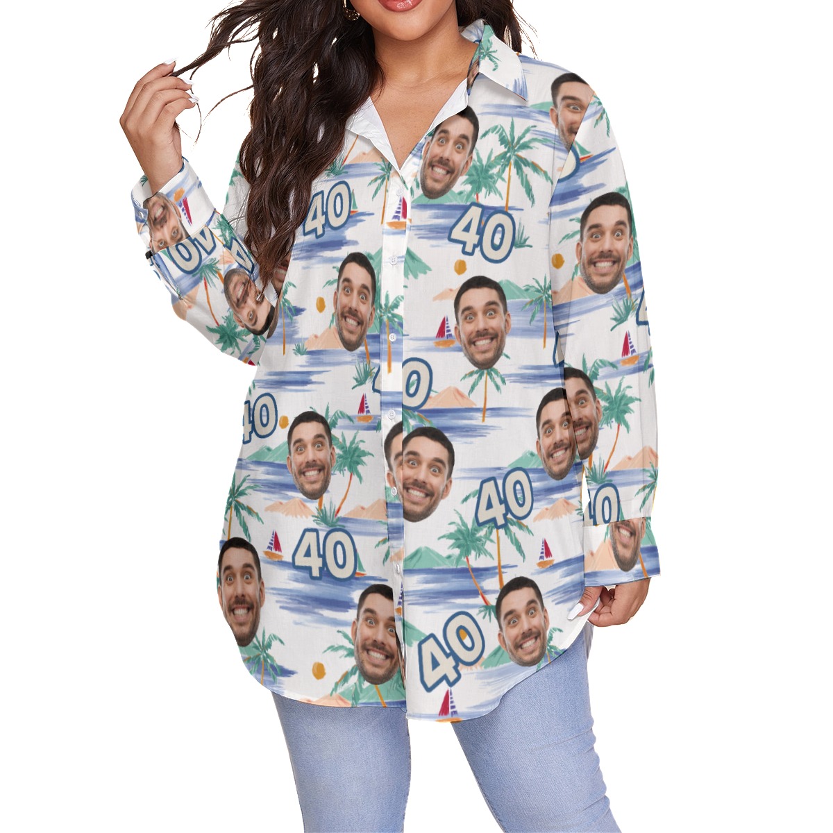 Tropical Palm Tree Custom Face Birthday Hawaiian Plus Size Shirt For Women - variant image 1