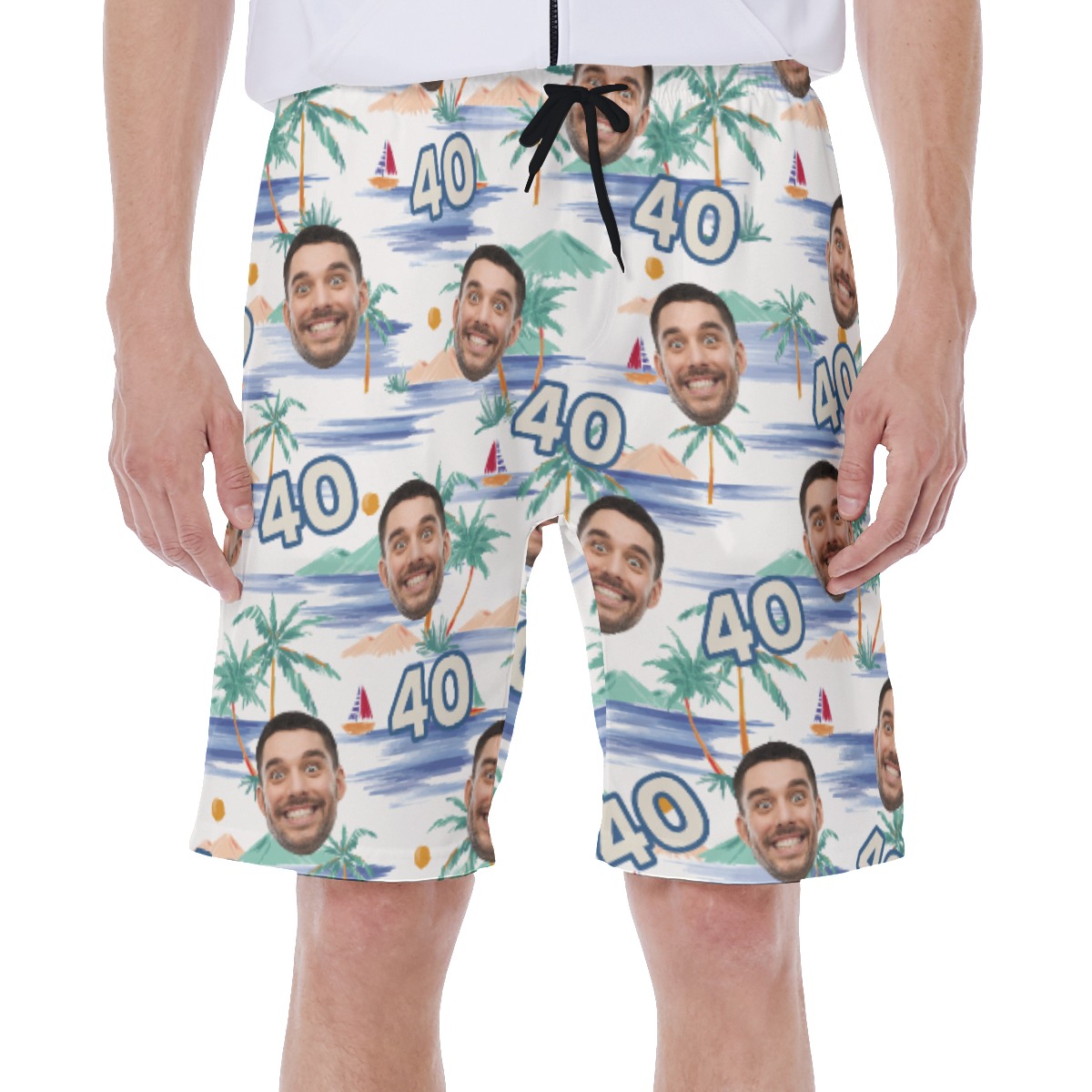 Custom Face Birthday Tropical Palm Tree Hawaiian Swim Trunks For Men - variant image 1