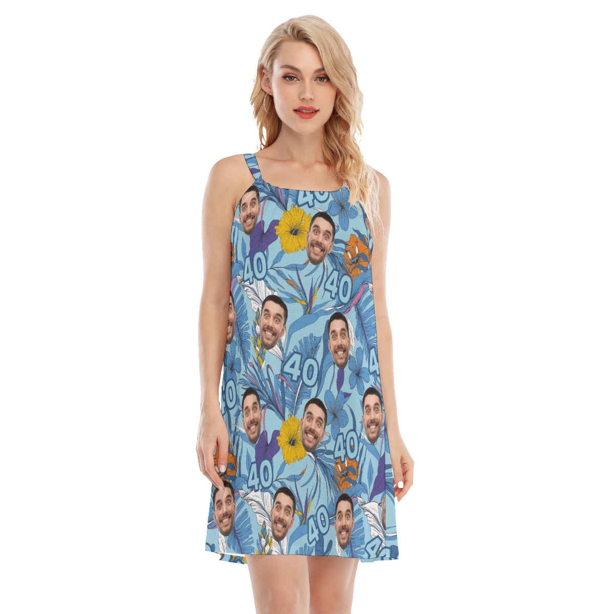 Custom Face Birthday Floral Blue Aloha Cami Dress For Women - variant image 1