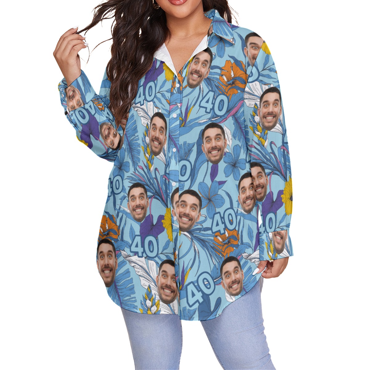 Funny Custom Face Birthday Floral Hawaiian Plus Size Shirt For Women - variant image 1