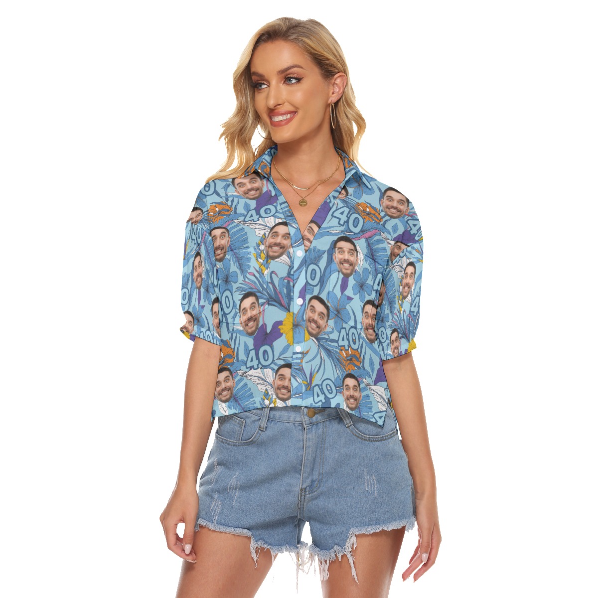 Tropical Floral Custom Face Birthday Hawaiian Cropped Shirt For Women - variant image 1