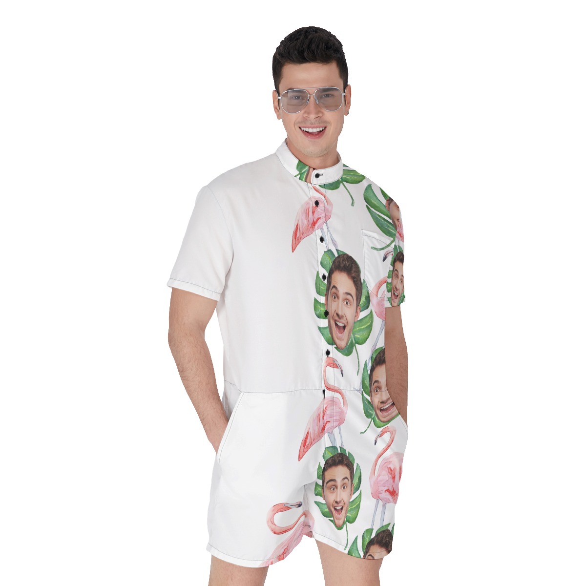Funny Custom Face Flamingo Tropical Hawaiian Romper For Men - variant image 1