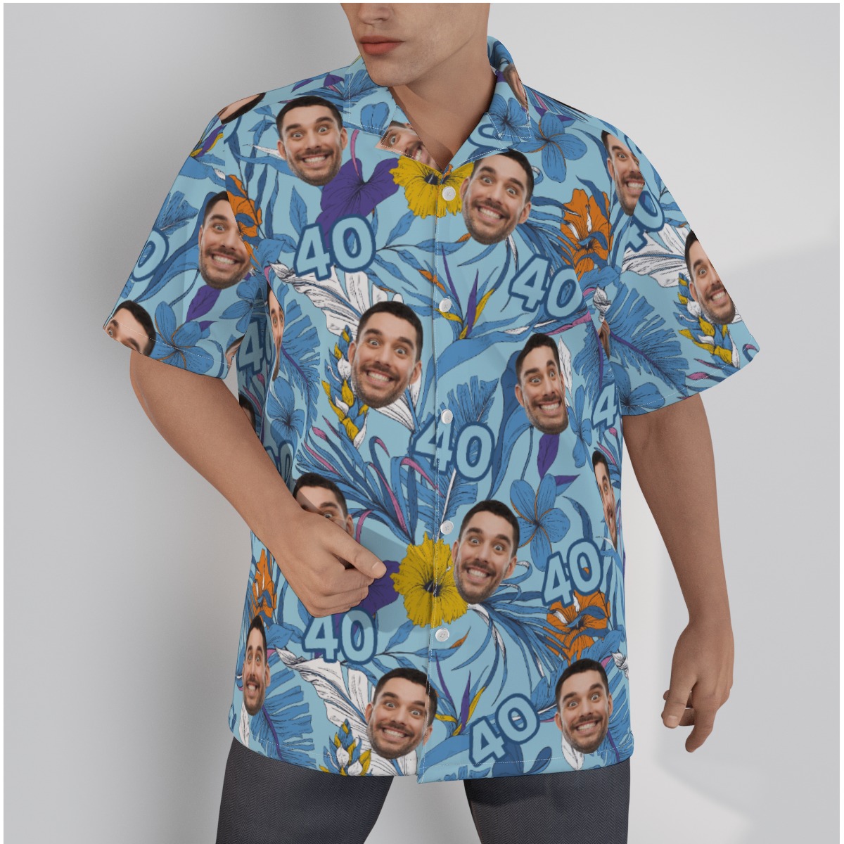 Tropical Custom Face Birthday Blue Hawaiian Shirt - variant image 1