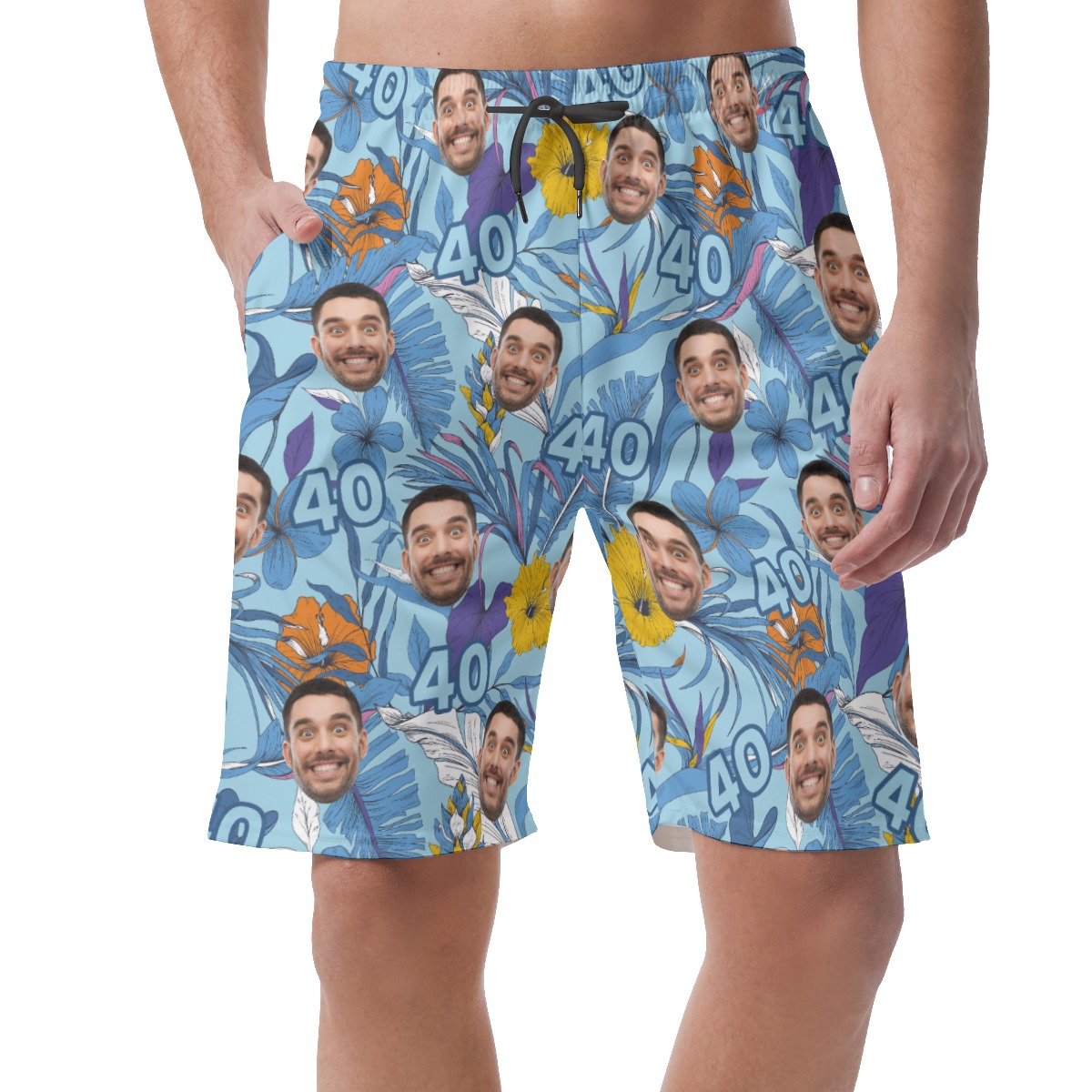 Custom Face Birthday Floral Blue Hawaiian Beach Shorts For Men - variant image 1