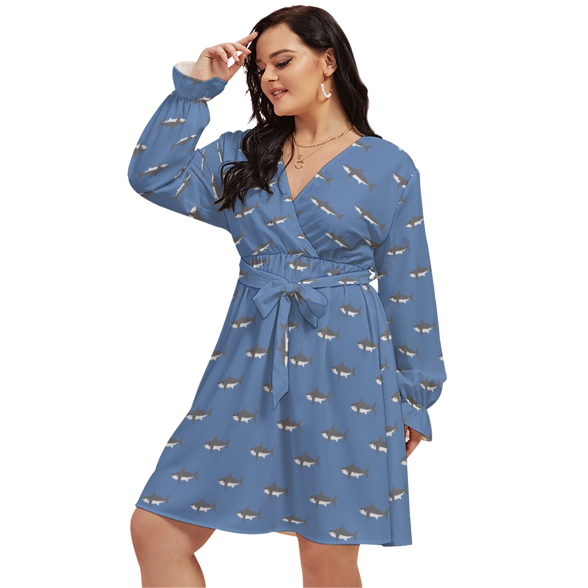 Mommy Shark Blue Hawaiian Plus Size V-Neck Dress - variant image 1