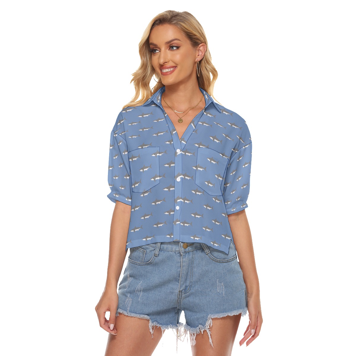 Women's Mommy Shark Hawaiian Cropped Shirt - variant image 1