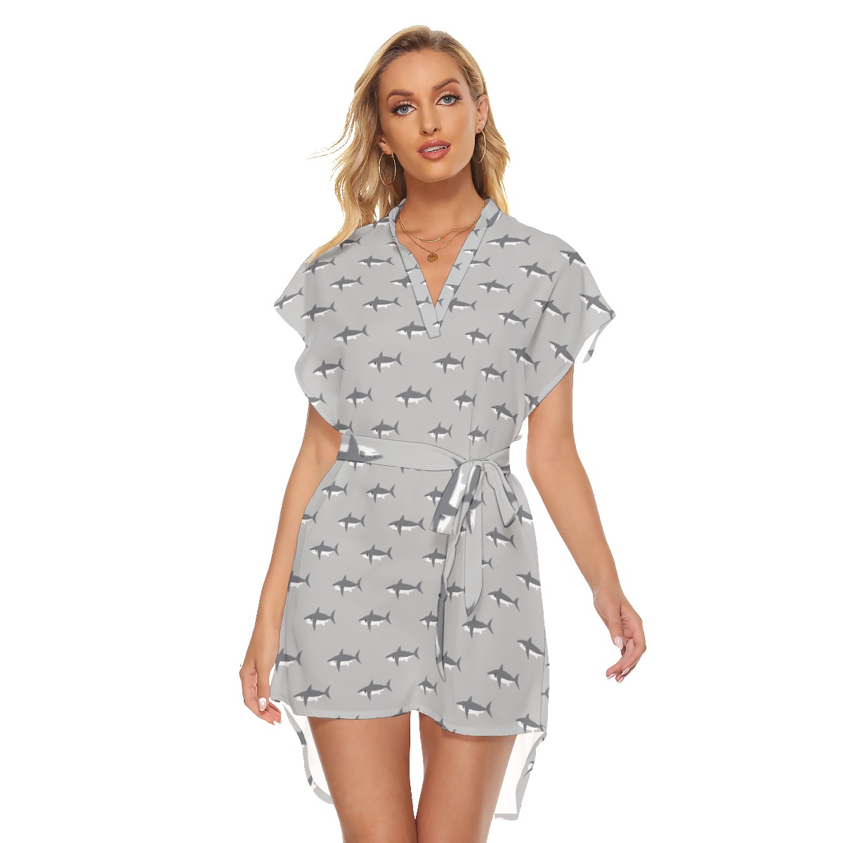Mommy Shark Gray Hawaiian Dress With Tie - variant image 1