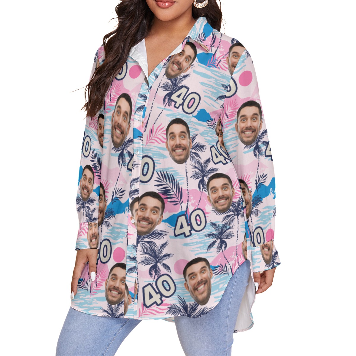 Custom Face Birthday Tropical Pink Hawaiian Plus Size Shirts For Women