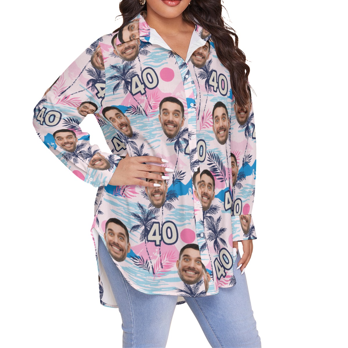 Custom Face Birthday Tropical Pink Hawaiian Plus Size Shirts For Women