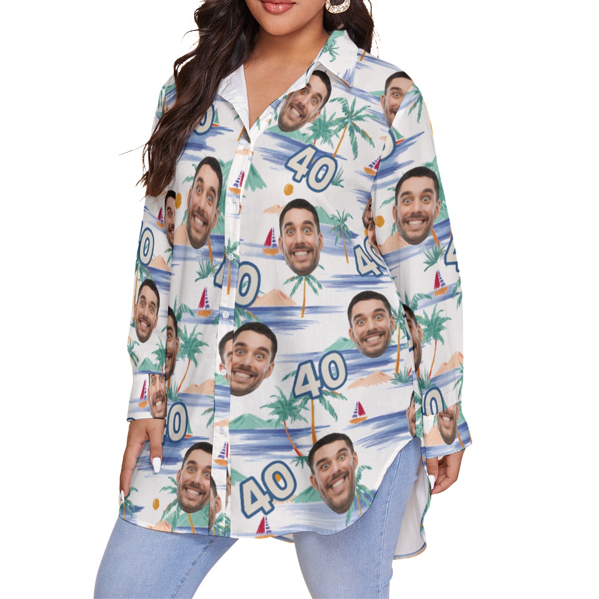 Tropical Palm Tree Custom Face Birthday Hawaiian Plus Size Shirt For Women
