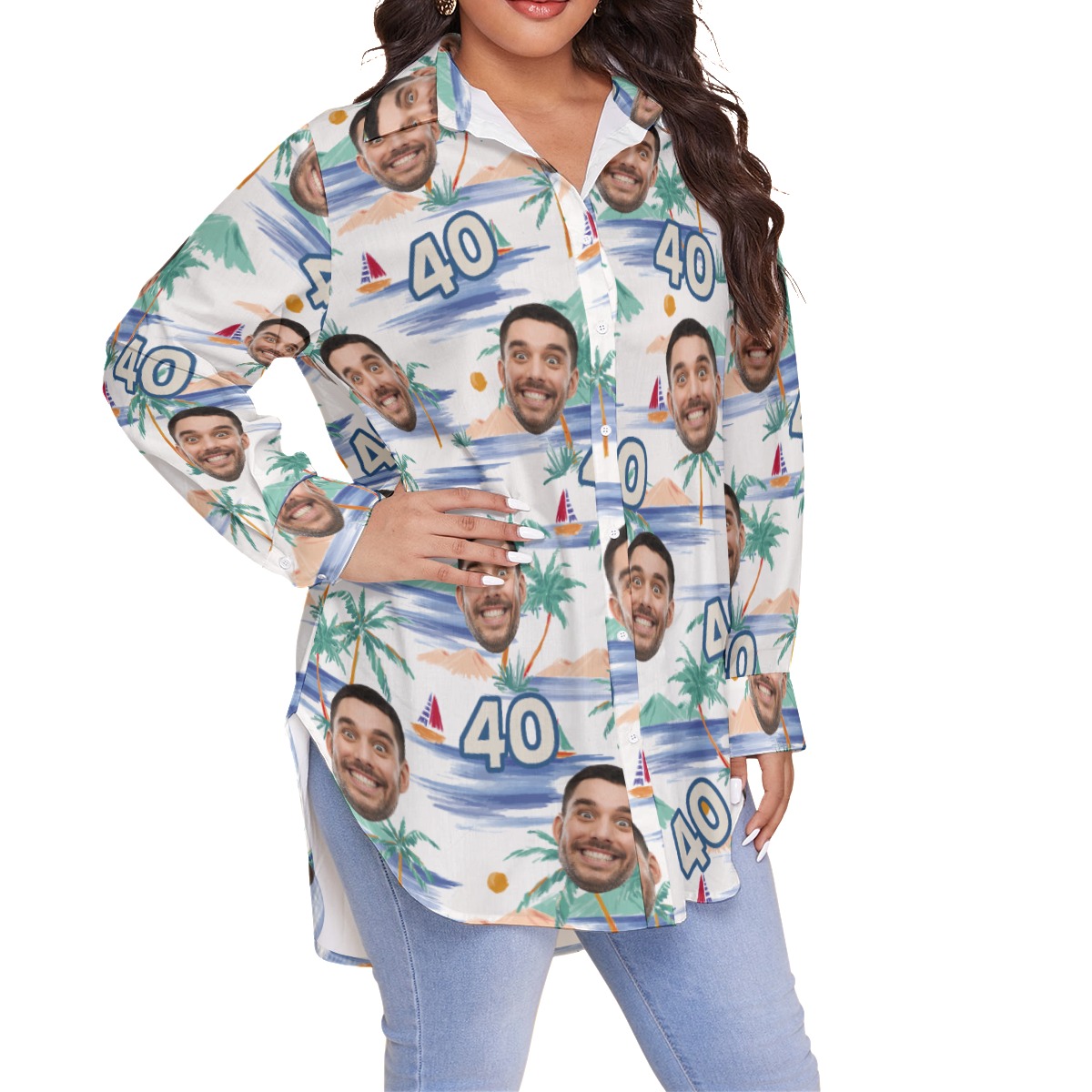 Tropical Palm Tree Custom Face Birthday Hawaiian Plus Size Shirt For Women