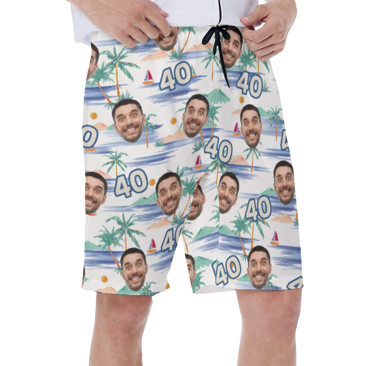 Custom Face Birthday Tropical Palm Tree Hawaiian Swim Trunks For Men