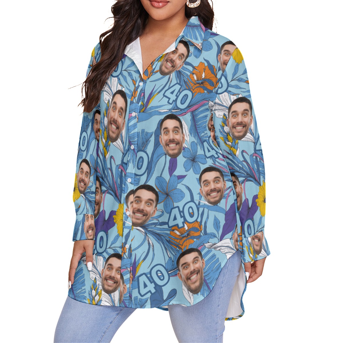 Funny Custom Face Birthday Floral Hawaiian Plus Size Shirt For Women