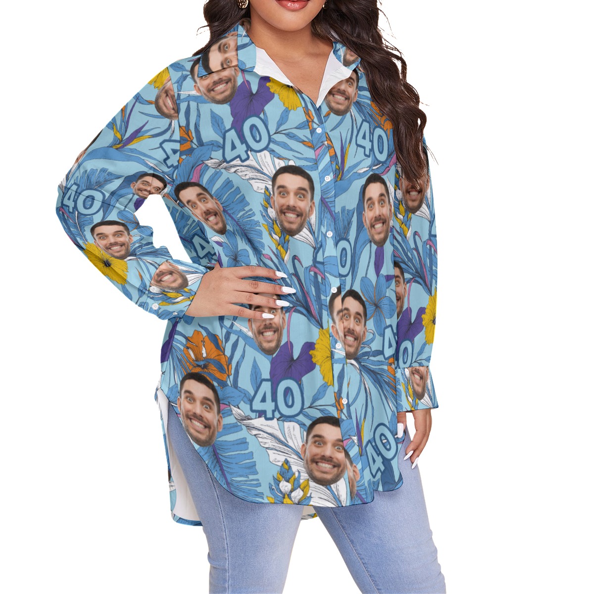 Funny Custom Face Birthday Floral Hawaiian Plus Size Shirt For Women
