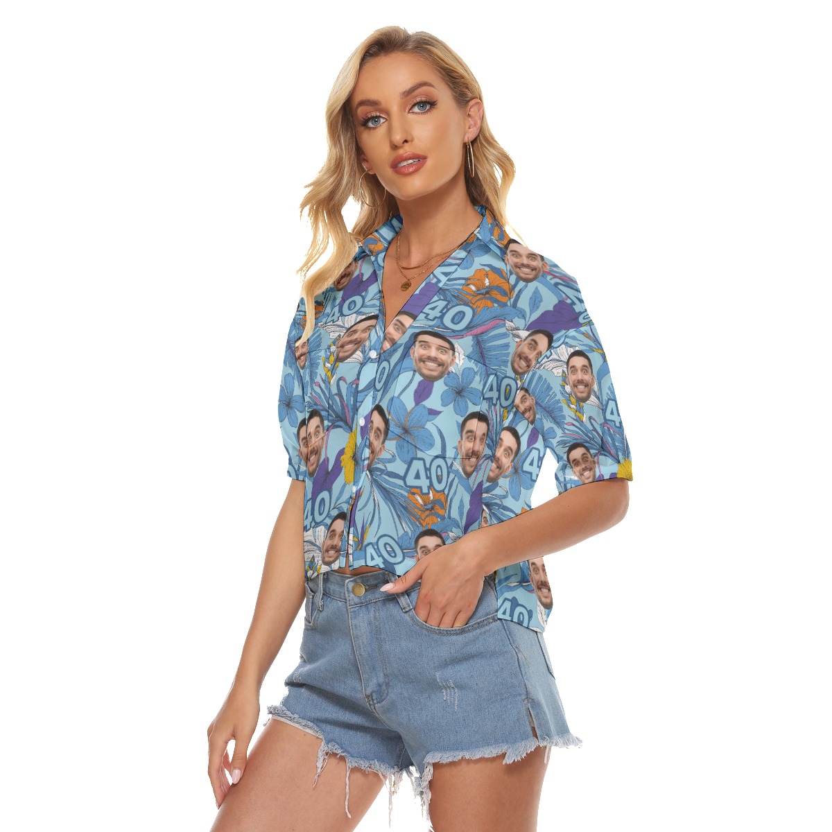 Tropical Floral Custom Face Birthday Hawaiian Cropped Shirt For Women