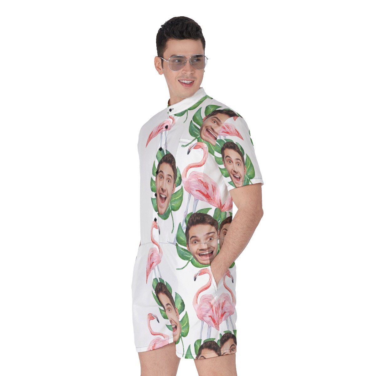 Funny Custom Face Flamingo Tropical Hawaiian Romper For Men