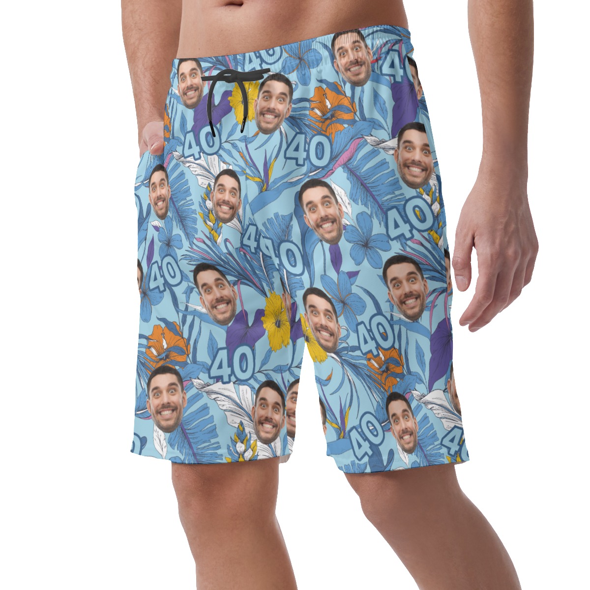Custom Face Birthday Floral Blue Hawaiian Beach Shorts For Men
