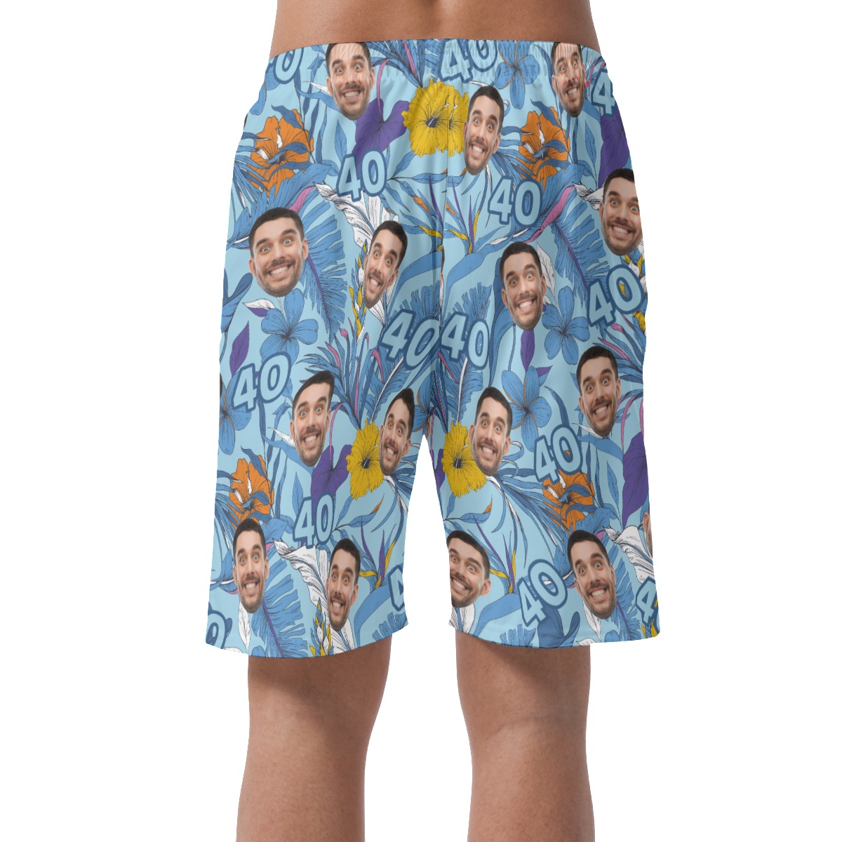Custom Face Birthday Floral Blue Hawaiian Beach Shorts For Men