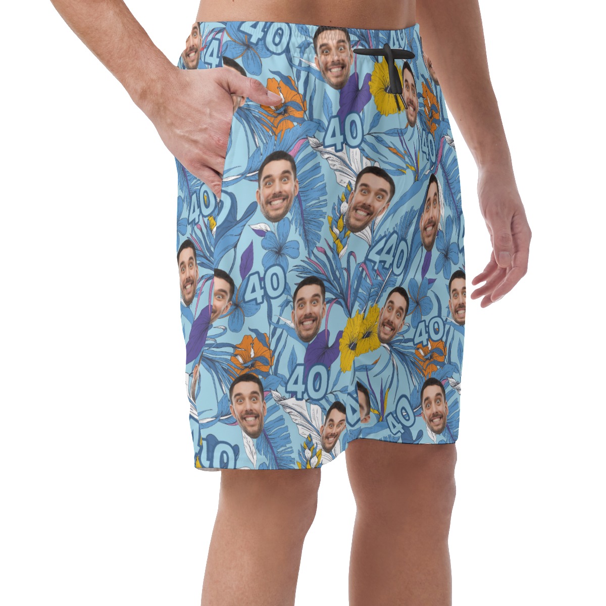 Custom Face Birthday Floral Blue Hawaiian Beach Shorts For Men